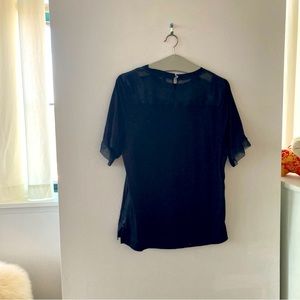 J Crew Black Tee with Sheer yoke and detail Size XL